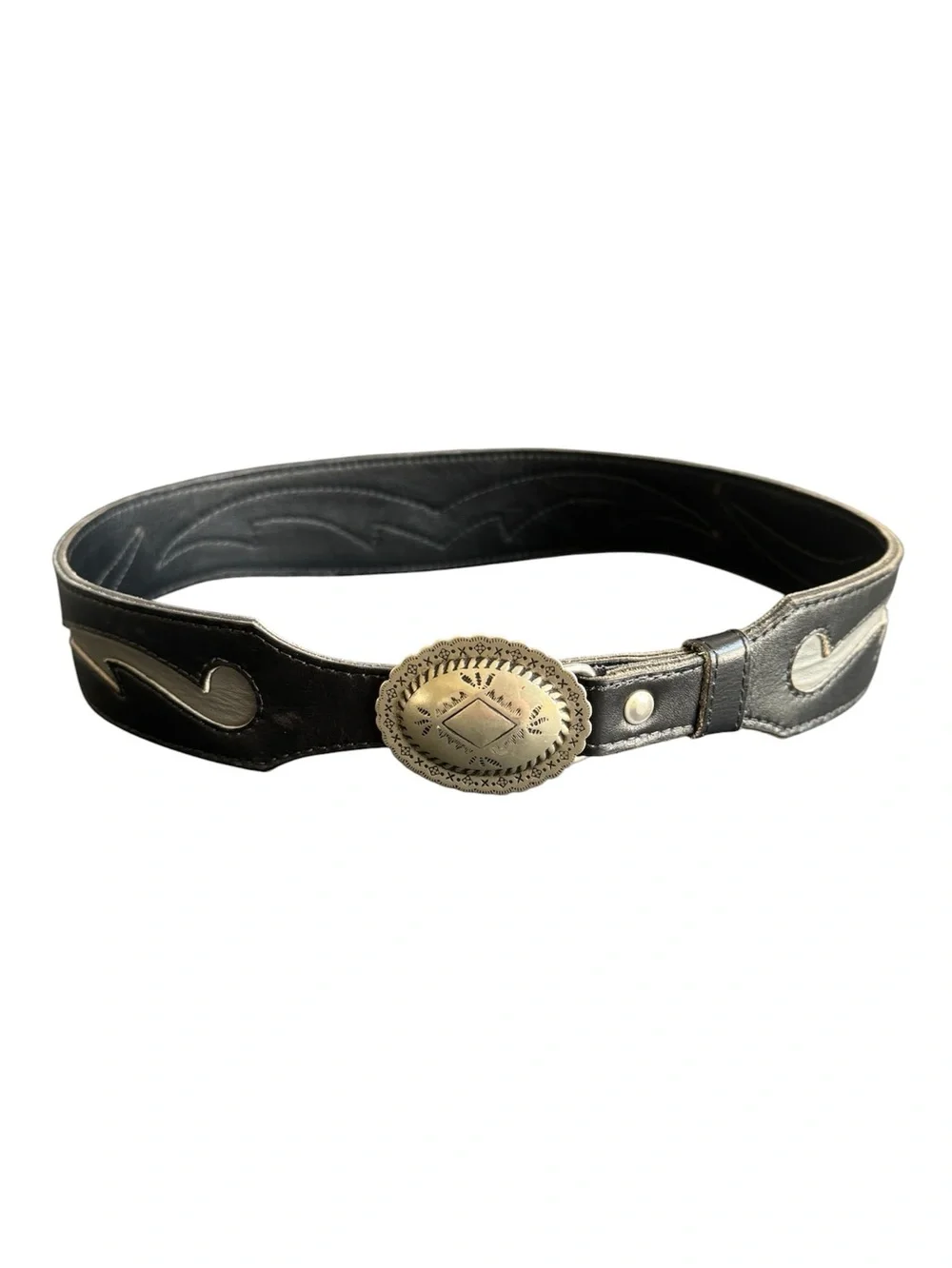 Vintage Western Concho Belt Black Gray Leather Wing Cowgirl Boho Handmade Medium